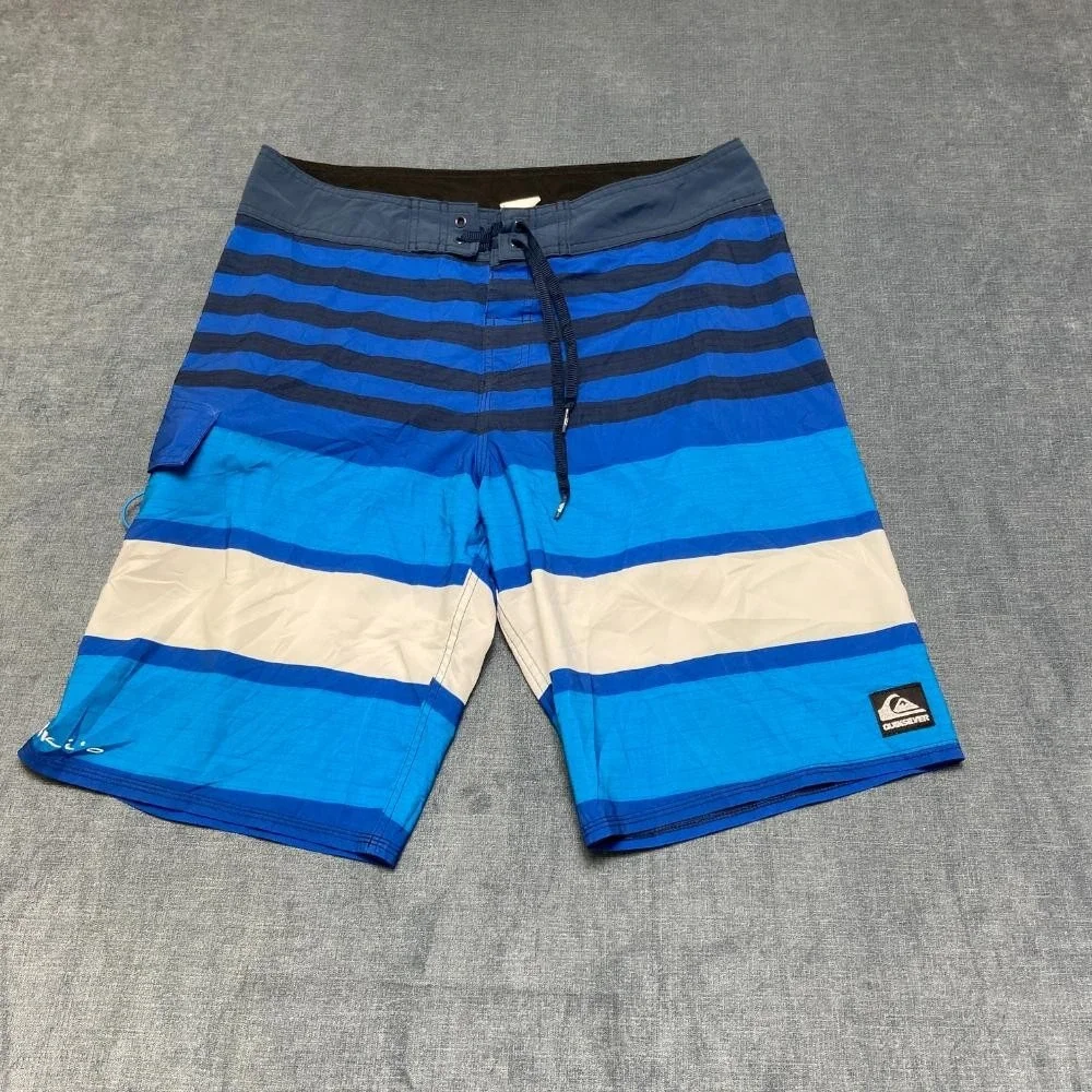 Quiksilver Board Shorts Men 34 Blue White Colorblock Surfing Swimwear Drawstring